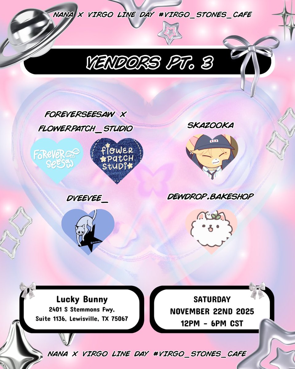 skzintexas's tweet image. 🛸 Please Share 🛸

Our Vendors!

🛸 Location: Lucky Bunny, 2401 S Stemmons Fwy, suite 1136, Lewisville, TX 75067
🛸 November 22, 2025, 12:00 PM-6:00 PM
🛸 Drink Menu 🔜
🛸 Dress Code: NANA (optional)
🛸 Hashtag: #VirgoStonesCafe