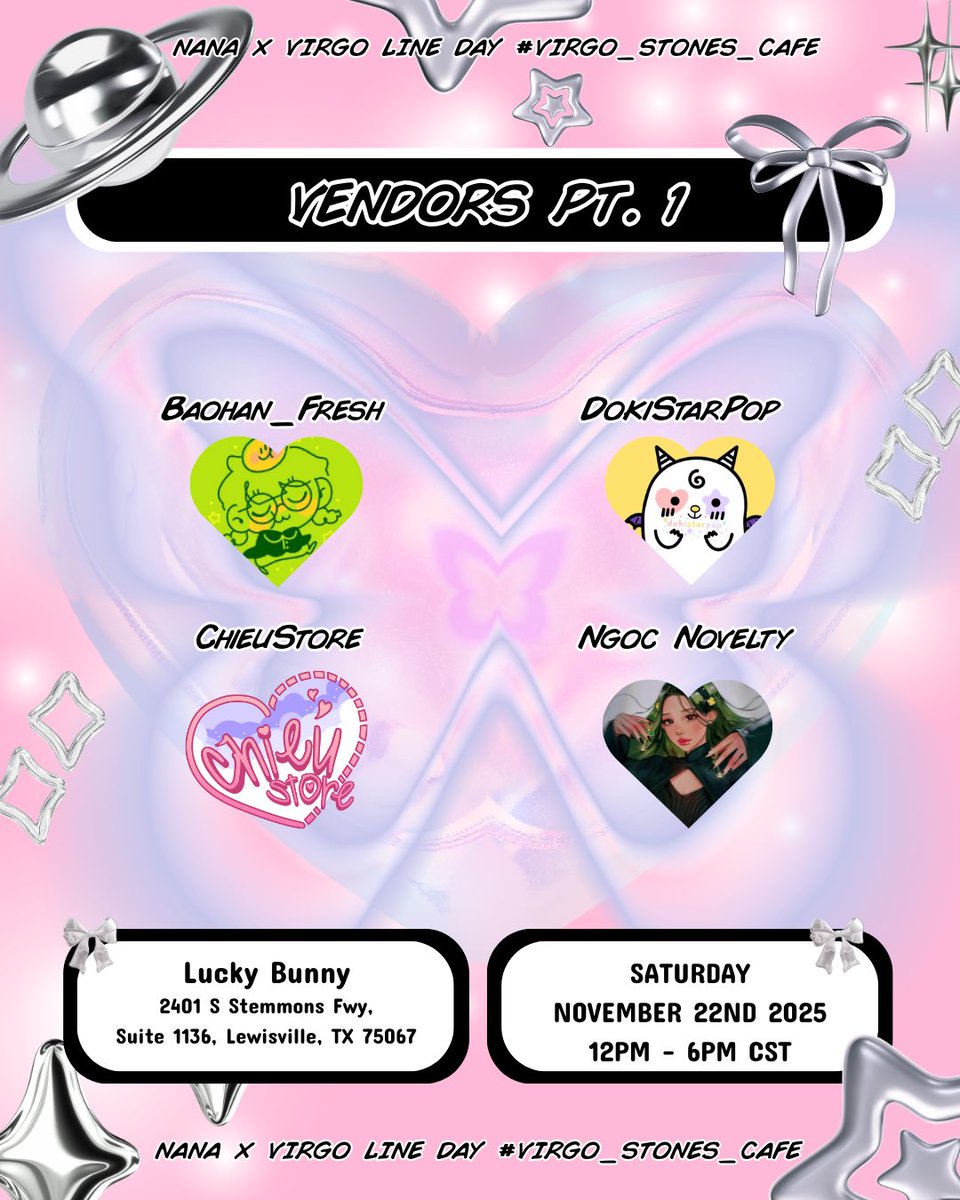 skzintexas's tweet image. 🛸 Please Share 🛸

Our Vendors!

🛸 Location: Lucky Bunny, 2401 S Stemmons Fwy, suite 1136, Lewisville, TX 75067
🛸 November 22, 2025, 12:00 PM-6:00 PM
🛸 Drink Menu 🔜
🛸 Dress Code: NANA (optional)
🛸 Hashtag: #VirgoStonesCafe