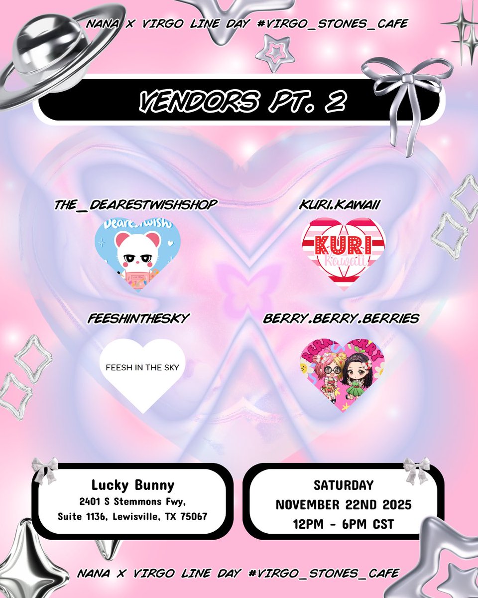 skzintexas's tweet image. 🛸 Please Share 🛸

Our Vendors!

🛸 Location: Lucky Bunny, 2401 S Stemmons Fwy, suite 1136, Lewisville, TX 75067
🛸 November 22, 2025, 12:00 PM-6:00 PM
🛸 Drink Menu 🔜
🛸 Dress Code: NANA (optional)
🛸 Hashtag: #VirgoStonesCafe