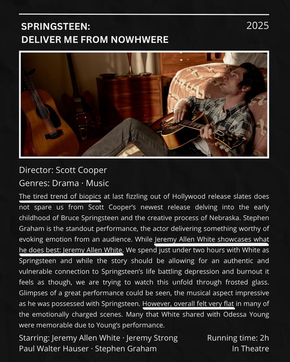 wsptlight's tweet image. Springsteen: delivers @imlaraedwards no interest. It does bring into question if making a biopic was worth it?

Read her review on W Spotlight (wspotlight.blogspot.com/2025/11/spring…)