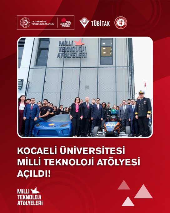 Promotional graphic with Turkish flag colors featuring text Milli Teknoloji Yildizi and a glowing robotic hand holding a star against blue background with logos of TC Sanayi ve Teknoloji Bakanlığı TÜBİTAK and others. Group photo of diverse people including officials in suits and uniforms standing in front of a modern building with Milli Teknoloji Atölyesi sign and blue sports car. Interior view of spacious workshop with yellow striped floors workbenches LED screens chairs and yellow machinery under bright ceiling lights. Scene of two young people one with curly hair assembling a drone or model aircraft on table with packaging nearby and TÜBİTAK logo visible.