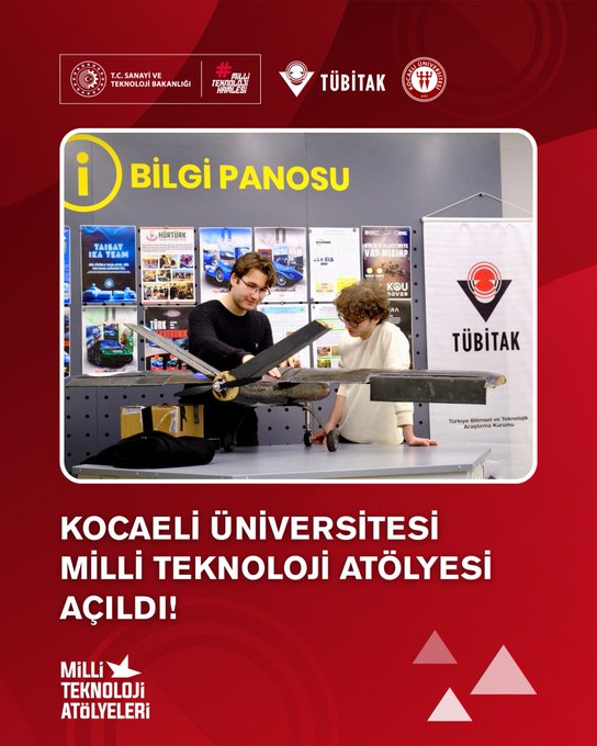 Promotional graphic with Turkish flag colors featuring text Milli Teknoloji Yildizi and a glowing robotic hand holding a star against blue background with logos of TC Sanayi ve Teknoloji Bakanlığı TÜBİTAK and others. Group photo of diverse people including officials in suits and uniforms standing in front of a modern building with Milli Teknoloji Atölyesi sign and blue sports car. Interior view of spacious workshop with yellow striped floors workbenches LED screens chairs and yellow machinery under bright ceiling lights. Scene of two young people one with curly hair assembling a drone or model aircraft on table with packaging nearby and TÜBİTAK logo visible.