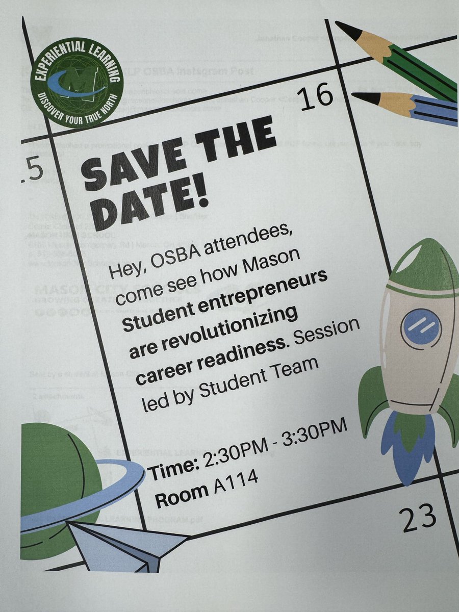 🚀 OSBA attendees — don’t miss this must-see session!
Student entrepreneurs are redefining career readiness at Mason City Schools.

📅 2:30–3:30 PM
📍 Room A114, OSBA Capital Conference

Come see the next generation of leaders in action. 

#CapitalConference #Leaders #OSBA2025