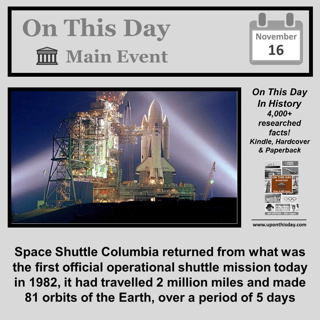 uponthisday's tweet image. #OnThisDay Main Event #OTD

#SpaceShuttleColumbia returned from the first official operational shuttle mission in 1982

More here uponthisday.com/on-this-day-in…
Also on #Kindle #Ad - amzn.to/2Y9JDGL
In #Paperback and #Hardcover