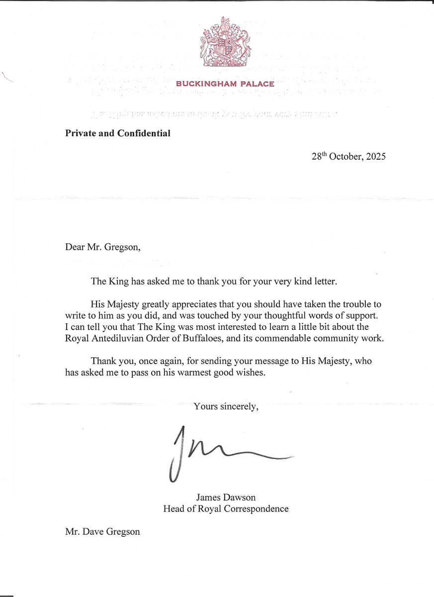 My thanks to His Majesty for sending the letter and congratulations and commendations to the local RAOB  volunteer group 👋. Volunteers give so much to our communities and society and we owe them a great deal <a href="/RoyalVolService/">Royal Voluntary Service</a> <a href="/RoyalFamily/">The Royal Family</a> <a href="/VolActionLeeds/">VoluntaryActionLeeds</a> <a href="/CarersLeeds/">Carers Leeds</a> <a href="/KingsTrust/">The King's Trust</a>
