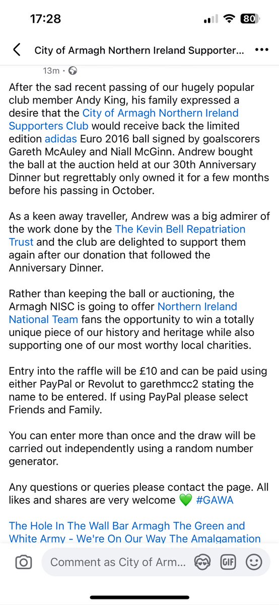 ArmaghNISC's tweet image. Raffle for the @ArmaghNISC supporting @KBRT2013 for limited edition @adidasfootball Euro2016 ball signed by @G23mcauley and @nmcginn10. 

Full story and details of how to enter is in the text. Only £10 entry for a chance to win a piece or @NorthernIreland football heritage #gawa