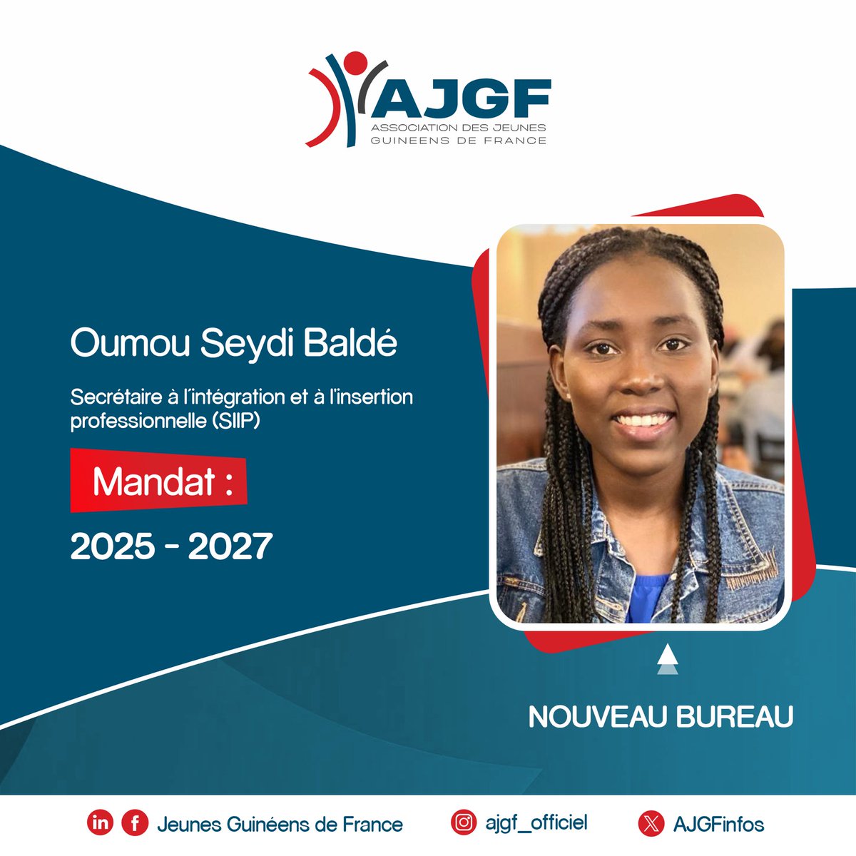4️⃣ 𝐒𝐞𝐜𝐫é𝐭𝐚𝐢𝐫𝐞 𝐂𝐡𝐚𝐫𝐠é𝐞 à 𝐥’𝐈𝐧𝐭é𝐠𝐫𝐚𝐭𝐢𝐨𝐧 𝐞𝐭 à 𝐥’𝐈𝐧𝐬𝐞𝐫𝐭𝐢𝐨𝐧 𝐏𝐫𝐨𝐟𝐞𝐬𝐬𝐢𝐨𝐧𝐧𝐞𝐥𝐥𝐞 « SIIP »! 

L’AJGF a le plaisir de vous présenter sa secrétaire chargée de l’intégration et de l’insertion professionnelle, 𝐎𝐮𝐦𝐨𝐮 𝐒𝐞𝐲𝐝𝐢 𝐁𝐚𝐥𝐝é.