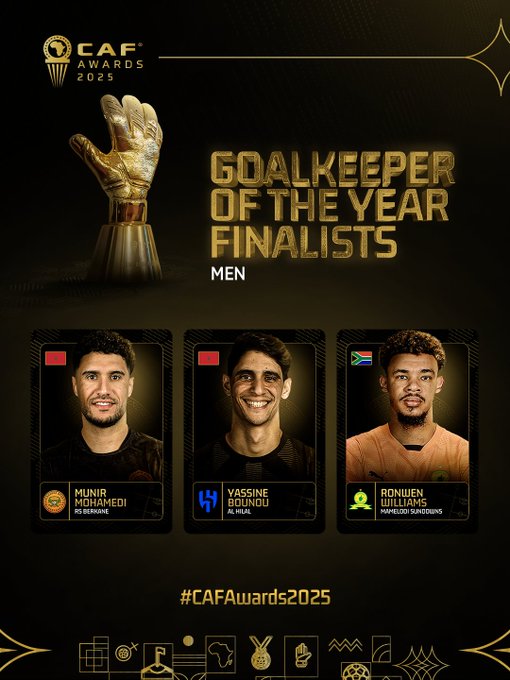 Graphic design with gold and black background featuring the CAF Awards 2025 logo at the top including a golden glove icon and text Goalkeeper of the Year Finalists Men. Below are three card-style portraits of male football goalkeepers: left shows Munir Mohamedi with Moroccan flag wearing dark kit smiling; center shows Yassine Bounou with Moroccan flag in dark kit smiling; right shows Ronwen Williams with South African flag in orange kit smiling. Bottom text includes CAFAwards2025 hashtag.