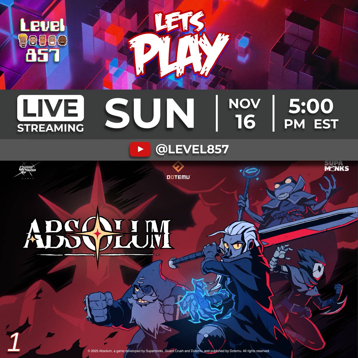 level857's tweet image. Are you ready for 2 player co-op action in Absolum??!!! Join us today on Let&apos;s Play Sunday! #level857 #Absolum #dotemu #letsplaysunday #2playercoop #beatemup #2playergaming #coopgaming @dotemu

Link:
youtube.com/live/rfujRf3V8…