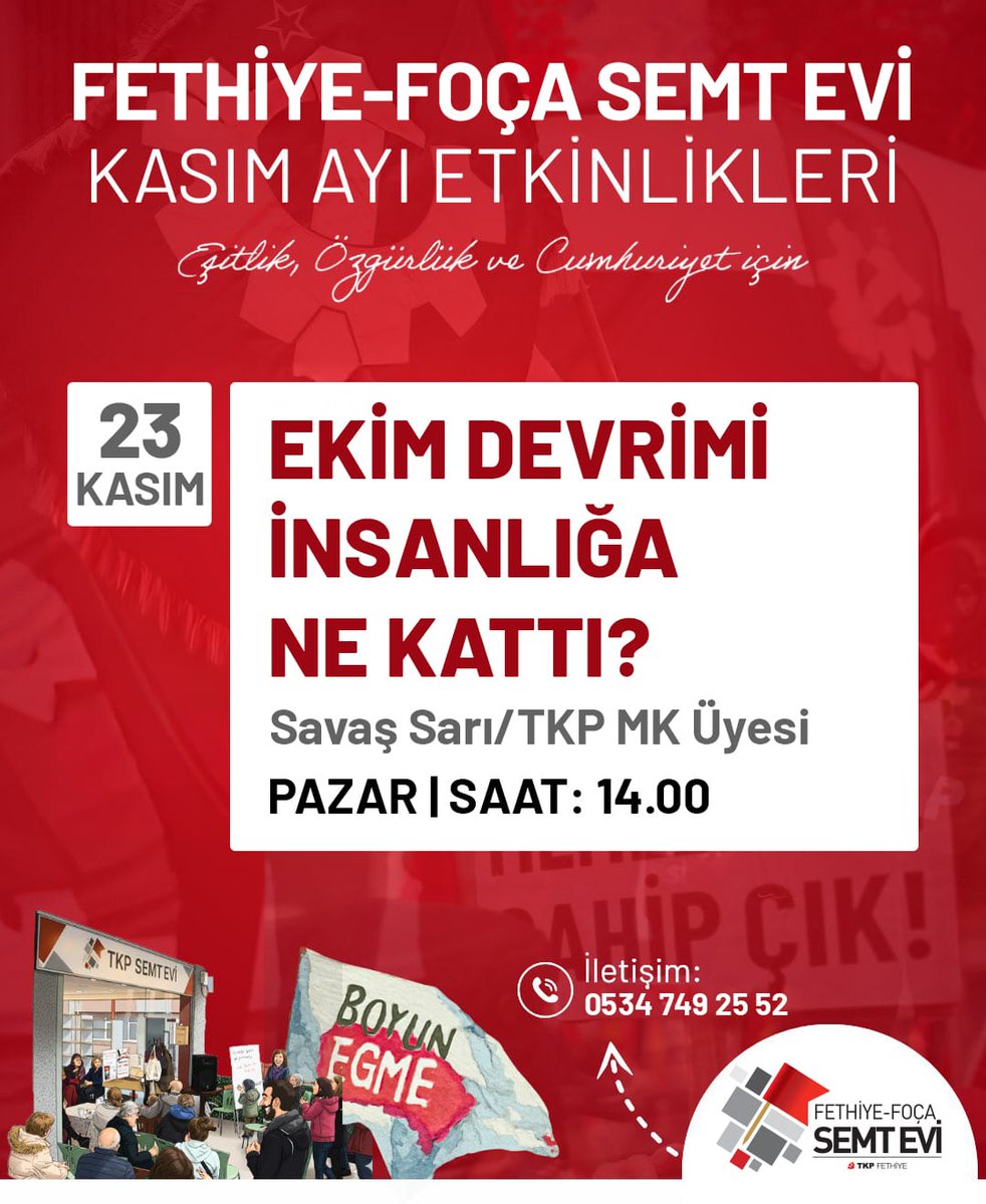 Kasım ayı etkinlikleri kapsamında Fethiye Foça Semt Evinde buluşuyoruz. <a href="/tkpninsesi/">TKP</a>