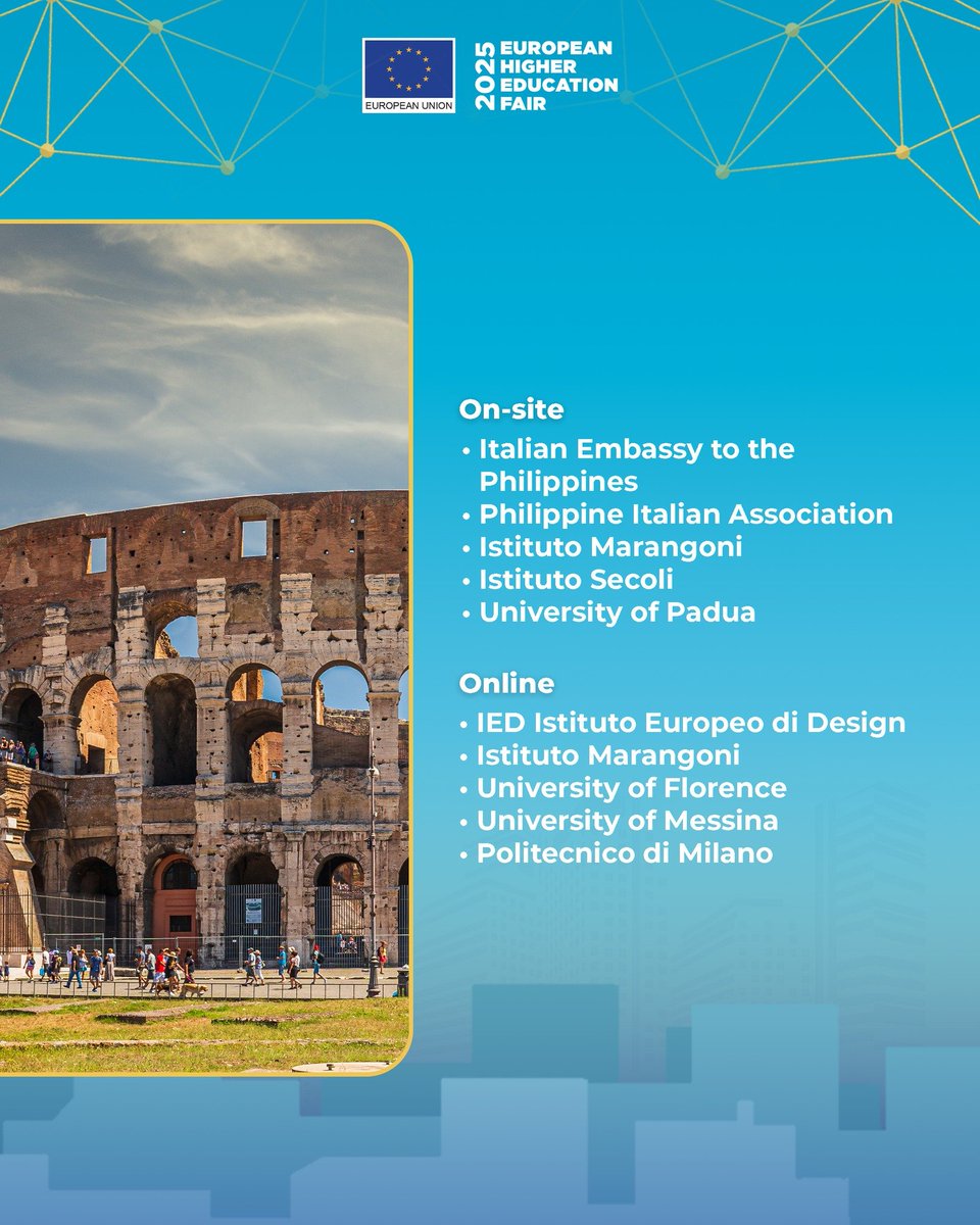 Experience the beauty of Italy at #EHEF2025! 🇮🇹
Meet top Italian universities and discover how Italy combines academic excellence, creativity, and culture in every field of study.

Register for free at ehefphilippines.com 💯