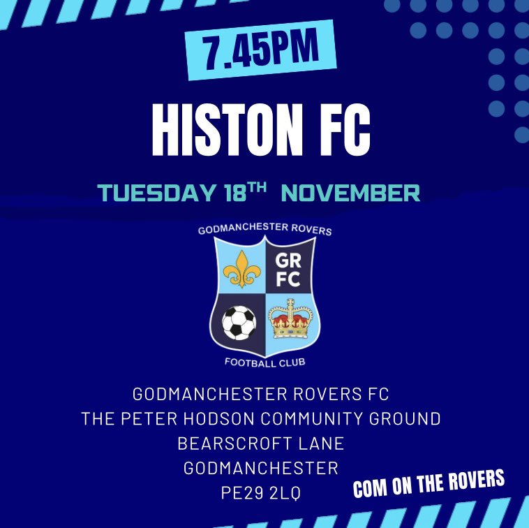 Tuesday Night Match Under The Floodlights 
💙⚽️💙

Next up Tuesday evening 7.45pm at home V Histon FC, get along and support Seb and the lads, bar &amp; Food open 6.30pm 💙⚽️💙

<a href="/utdcos/">UCL</a> <a href="/GoddyNews/">Godmanchester Rovers News</a> <a href="/UCLFanZone/">UCL Fan Zone</a> <a href="/squeezefootball/">Squeeze</a> <a href="/HuntsFA/">Huntingdonshire FA</a> <a href="/HistonFC/">Histon Football Club</a>