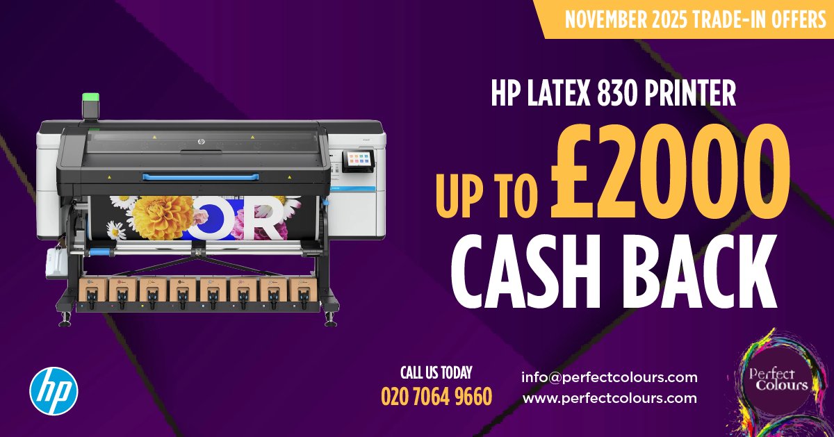 perfectcolours's tweet image. This is big! 

Order a new @HPUK Latex 830 printer before the end of November and claim up to £2,000 cash back. 

Pick up the phone for more details - 020 7064 9660. 

#wideformat #printer