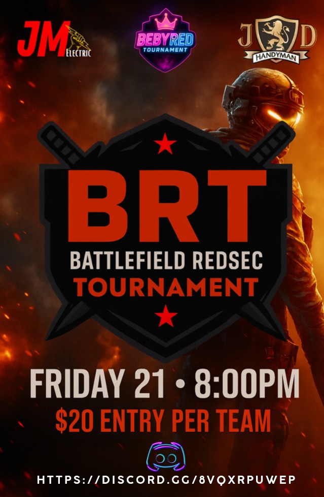 BRT Battlefield RedSec Tournament🏆 
🗓️ VIERNES NOVIEMBRE 21
⏰ 8PM/EST PUERTO RICO TIME
🎟️ ENTRE FEE: $20
✍🏻 Inscripciones abiertas hasta Jueves 20. 
👥 Cupo para 8 equipos de 4
📣 Únete a nuestro discord para completar el registro. Exclusivo por⬇️
discord.gg/r5AGHYNHmq