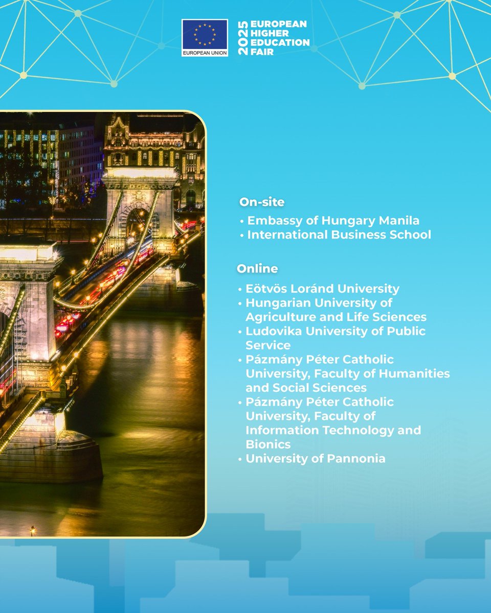 Get to know Hungary’s academic excellence and vibrant culture at #EHEF2025! 🇭🇺✨

Meet top Hungarian universities and find out how Hungary offers world-class education and an inspiring learning environment in the heart of EU.
Register for free at ehefphilippines.com 🌍💻