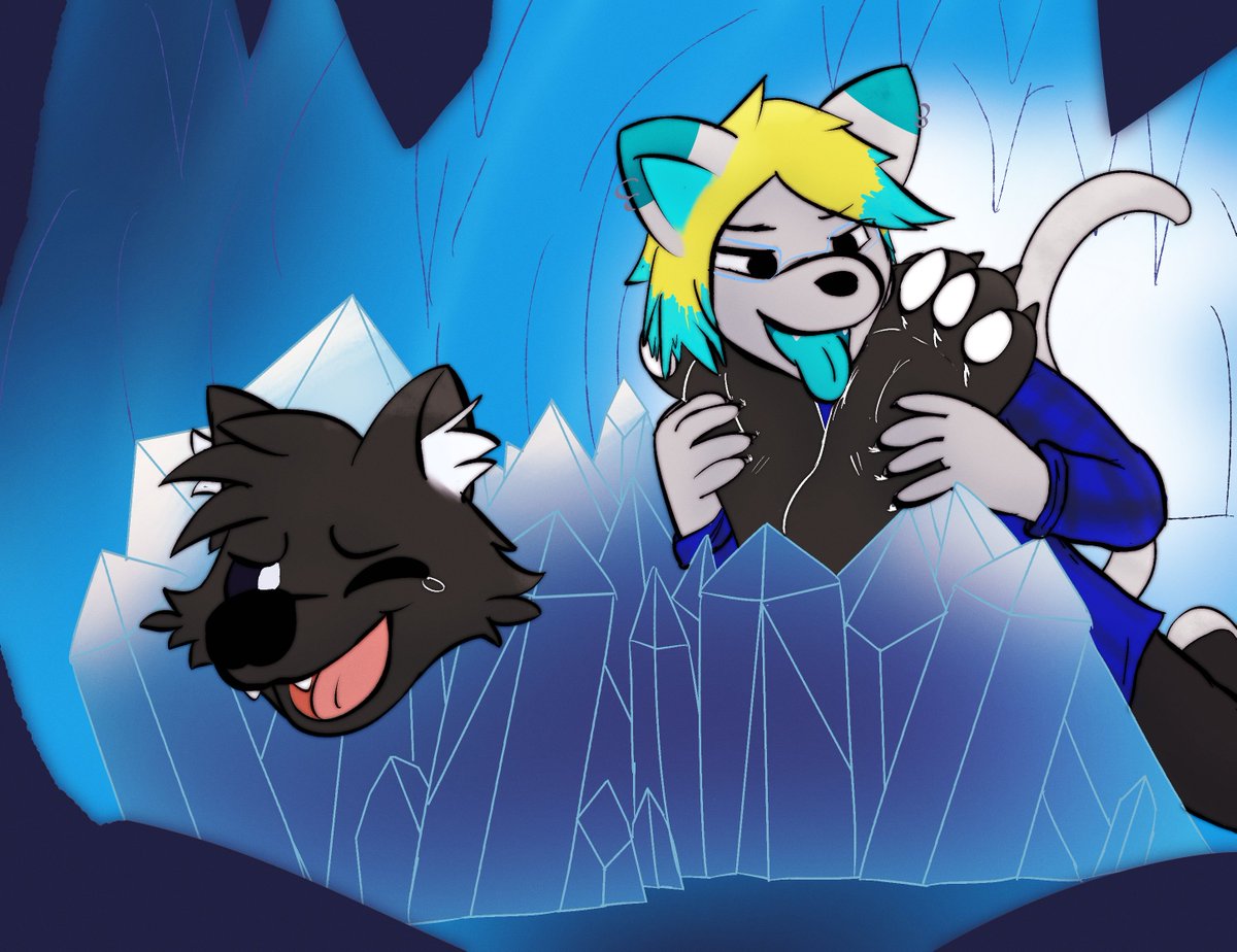 A commission for <a href="/KrayZKitty/">KrayZ</a> featuring him and Jiang :3 Brrr sure looks cold in there! Good thing a kitty is here to help warm him up starting at his paws~

#tickling #furry