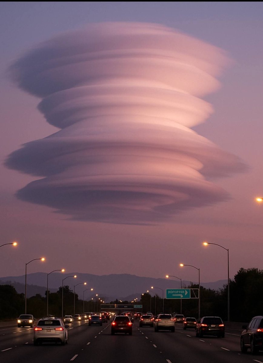 InterestingSci1's tweet image. Strange Clouds In Arizona,USA Update November 16,2025

A towering lenticular cloud rises above the highway like a colossal, layered monument carved from wind and light, glowing softly in shades of pink and violet. 

Drivers continue along the road beneath it, their headlights…