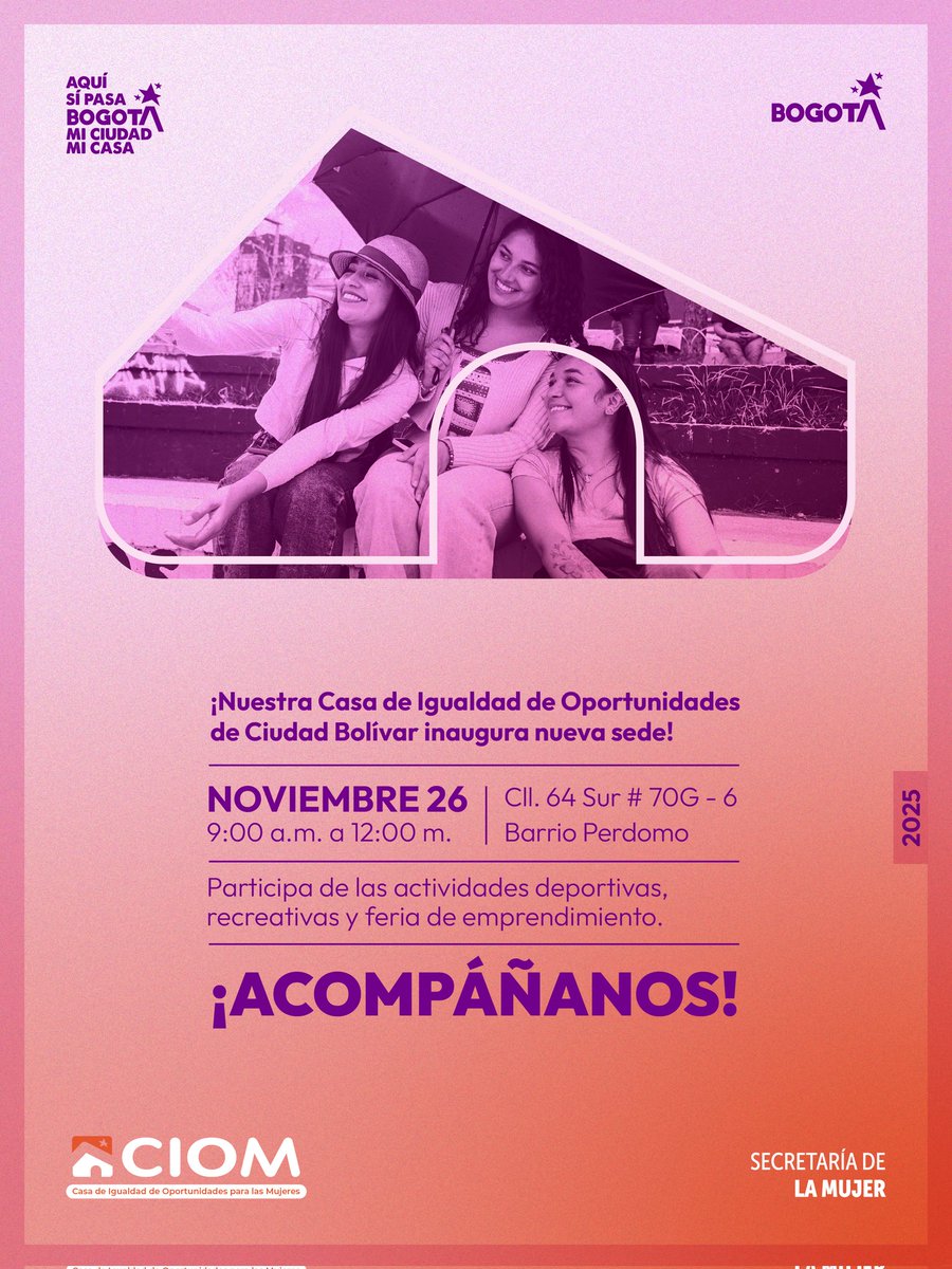 secredistmujer's tweet image. 💜 ¡La #CIOM de Ciudad Bolívar tiene nueva sede en el barrio Perdomo!

Invitamos a todas las mujeres de la localidad a celebrar con nosotras y disfrutar de actividades recreativas, deportivas y feria de emprendimientos. ✨✊

¡Las esperamos el 🗓️26 en la Calle 64 Sur # 70G-6!