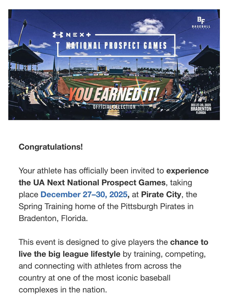 UncleLukeII's tweet photo. Excited to be heading to Pirate City to end the year with @BaseballFactory at the Under Armour Next National Prospect Games. Excited to compete with some of the best from around the country! #uanextprospect https://t.co/leT4dwSQhd