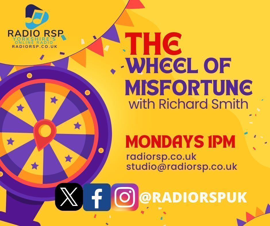radiorspuk's tweet image. Tune in tomorrow at 1pm on Radio RSP for "The Wheel of Misfortune"! 🎙️ Join Richard Smith as he spins the wheel to choose tunes, chaos, and surprises. Will it be a hit, hidden gem, or miss? Stream live at radiorsp.co.uk #WheelOfMisfortune #RadioFun