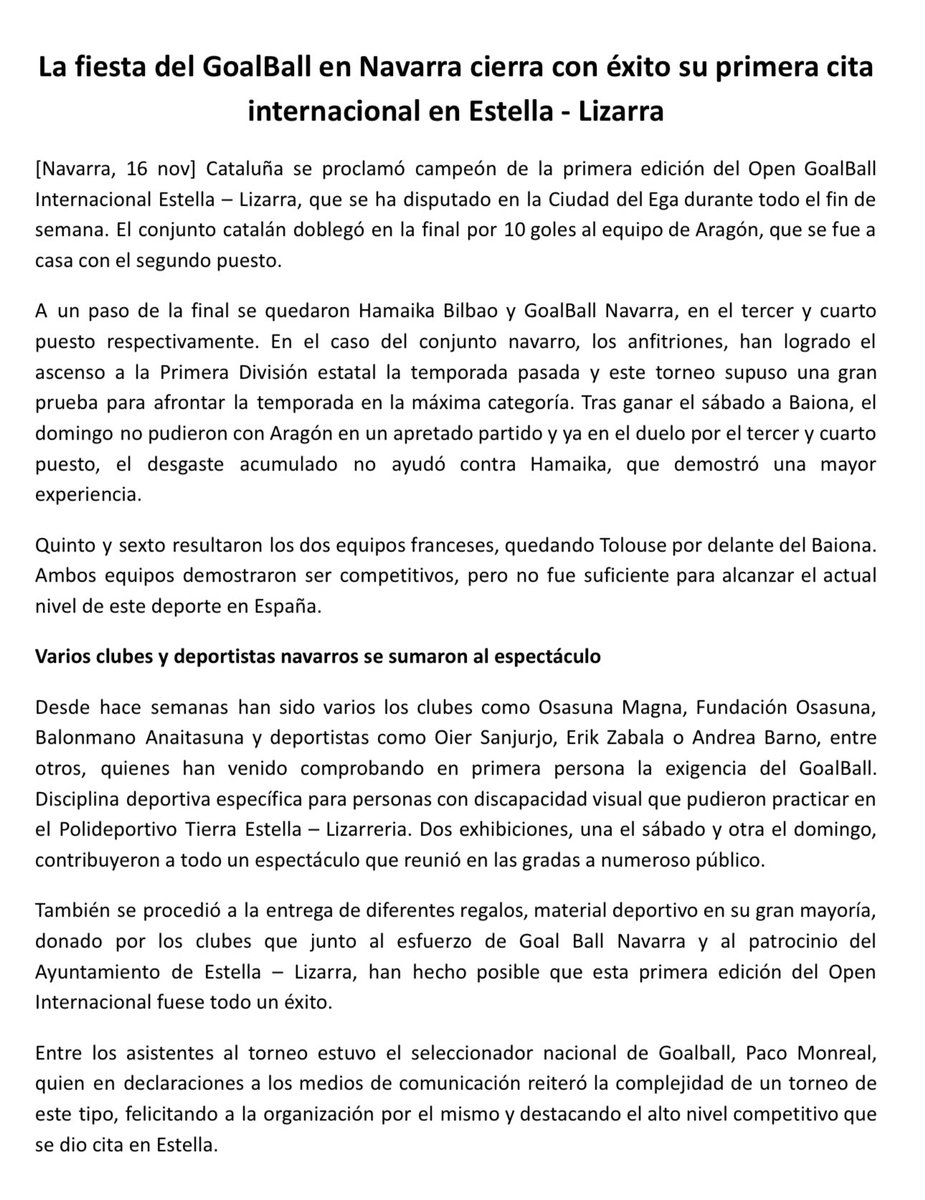 <a href="/OCRNavarra/">Onda Cero Navarra</a> <a href="/jsaralegui/">Javier Saralegui O.</a> <a href="/CDciegosNavarra/">Club Deportivo para Ciegos Navarra</a> <a href="/AytoEstellaLiz/">AytoEstellaLiz</a> <a href="/unsaingrupo/">Unsain Grupo</a> <a href="/fundosasuna/">Fundación Osasuna</a> <a href="/CDXOTA/">OSASUNA MAGNA</a> <a href="/AnaitasunaBM/">ANAITASUNA</a> <a href="/JaviLaquidain/">Javier Laquidain</a> <a href="/Uxyo/">Uxue Martinez</a> <a href="/AritzHuarte/">Aritz Huarte</a> <a href="/CarruselNavarra/">Carrusel Navarra</a> <a href="/RTVENavarra/">RTVENavarra</a> 📝 #GoalBall | 𝐋𝐚 𝐟𝐢𝐞𝐬𝐭𝐚 𝐝𝐞𝐥 𝐆𝐨𝐚𝐥𝐁𝐚𝐥𝐥 𝐞𝐧 𝐍𝐚𝐯𝐚𝐫𝐫𝐚 𝐜𝐢𝐞𝐫𝐫𝐚 𝐜𝐨𝐧 é𝐱𝐢𝐭𝐨 𝐬𝐮 𝐩𝐫𝐢𝐦𝐞𝐫𝐚 𝐜𝐢𝐭𝐚 𝐢𝐧𝐭𝐞𝐫𝐧𝐚𝐜𝐢𝐨𝐧𝐚𝐥 𝐞𝐧 𝐄𝐬𝐭𝐞𝐥𝐥𝐚 - 𝐋𝐢𝐳𝐚𝐫𝐫𝐚
