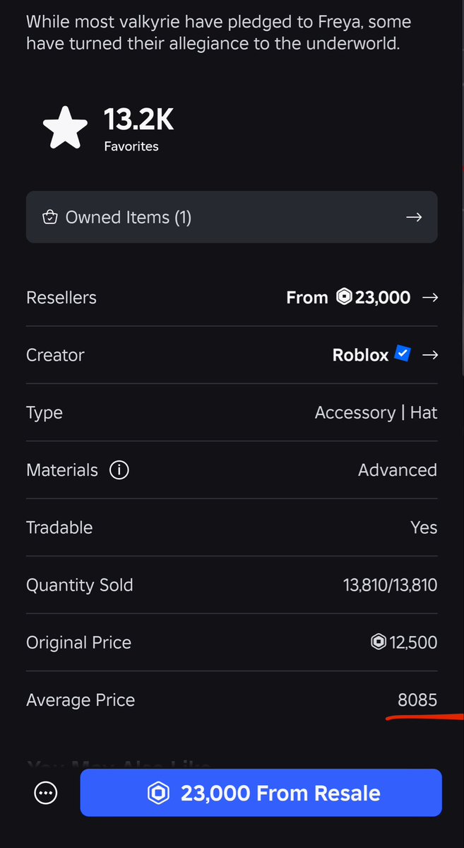 Firesale_Time's tweet image. Holy cow, someone just spent lots of money for no reason. I doubt it’ll drop below 20k to be honest.

#Roblox #RobloxTrading #Trading #Limiteds #HV #HelswornValkyrie