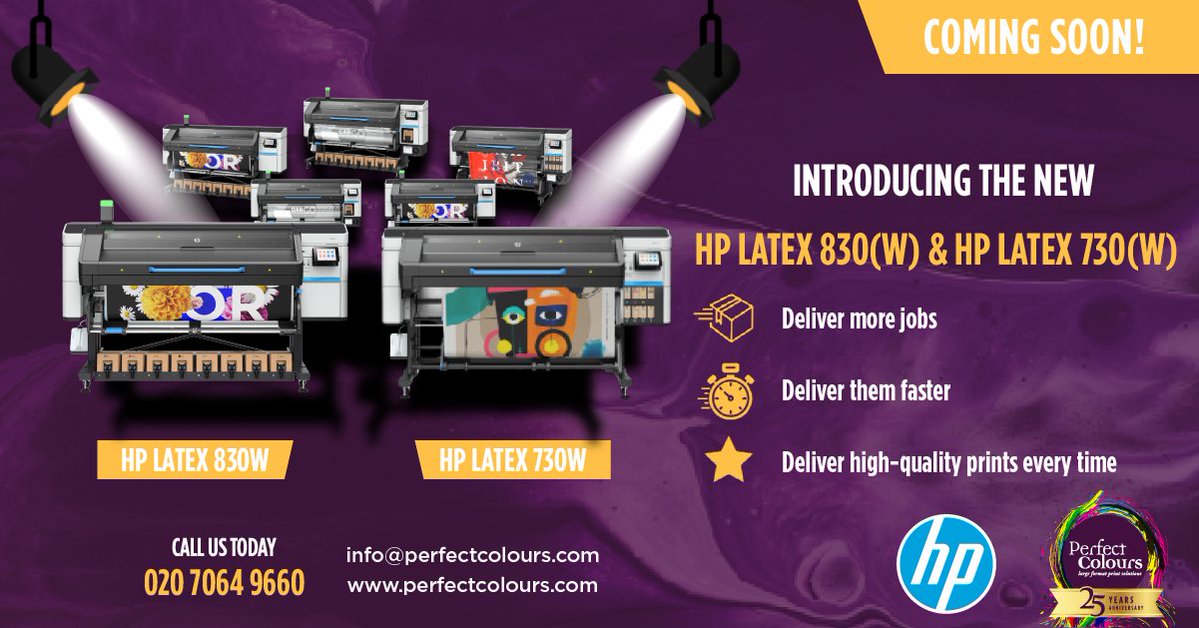perfectcolours's tweet image. We&apos;re training a spotlight on the @HPUK Latex 830(W) and HP Latex 730(W).  

These new printers are coming soon and will truly deliver - fast, high quality printing every time. 

Register your interest now by calling our sales team on 020 7064 9660. 

#wideformat #printing