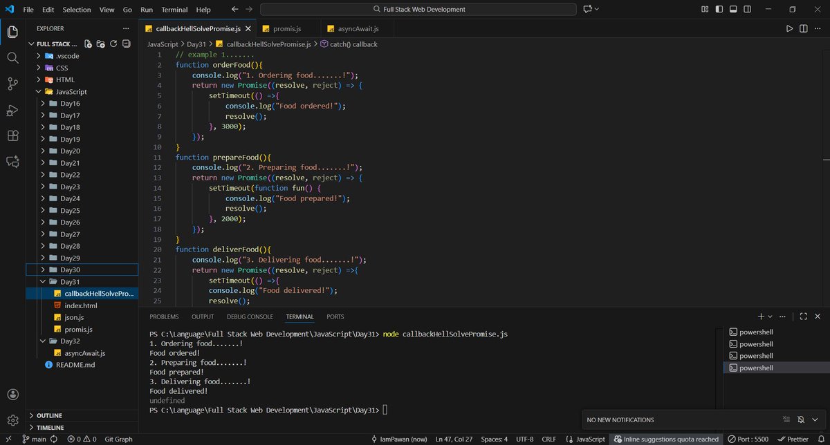 pawan_bisht777's tweet image. 31. JavaScript Promises! 🤝 Asynchronous Mastery
📍Topics:
✅ Promise States (pending, fulfilled, rejected)
✅ .then() &amp;amp; .catch() Methods
✅ Promise Chaining
✅ Error Handling in Promises

GitHub: github.com/IamPawan777/Fu…

#JavaScript #Promises #AsyncJS