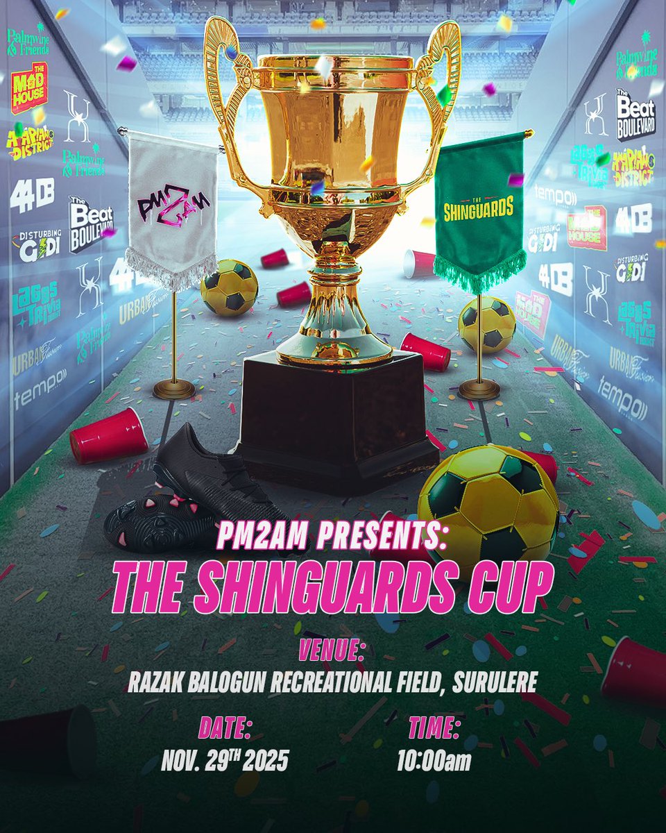 PM2AM Presents: The Shinguards Cup!🏆🏈🎾

The Battle of the Brands is finally here!Does your brand have what it takes to claim the grand cash prize?🙂‍↕️

There’s also a cash prize for the best cheerleading squad.😮‍💨
Expect fun, intense matchups and plenty of fun activities!!