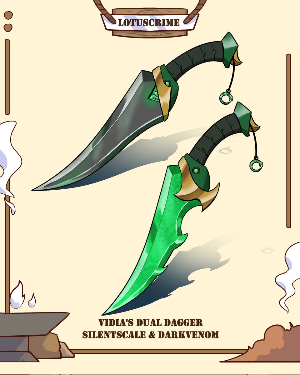 Blacksmith1412's tweet image. #weapondesign of one of my #artraffle winner
@vidiaxoco
Vidia&apos;s Dual Dagger Silentscale &amp;amp; Darkvenom
Congratulations on winning🥳🥳
#fantasyart