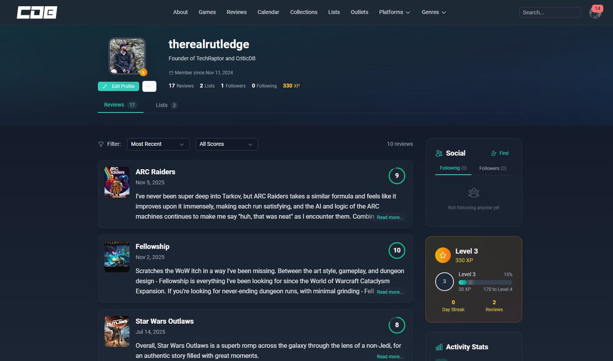 TheRealRutledge's tweet photo. CriticDB (@CriticDB) continues to grow in daily users, and we just launched a major optimization pass for: 
📈 XP System 
📋Game Lists 
✍️User Reviews 
👤User Profiles 
🎮Outlet (and User) follows  

Accounts are 100% free for every feature above! https://t.co/05vc4R6bT9