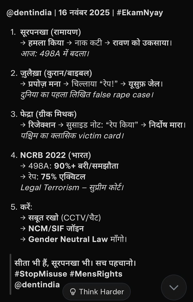 dentindia's tweet image. सीता भी हैं, सूरपनखा भी। सच पहचानो।
#StopMisuse #MensRights
@dentindia @grok फेद्रा (ग्रीक मिथक)
→ रिजेक्शन → सुसाइड नोट: “रेप किया” → निर्दोष मारा।क्लासिक victim card।ज़ुलैख़ा (कुरान/बाइबल)
→ प्रपोज़ मना → चिल्लाया “रेप!”  यूसुफ़ जेल।
दुनिया का पहला लिखित false rape case।