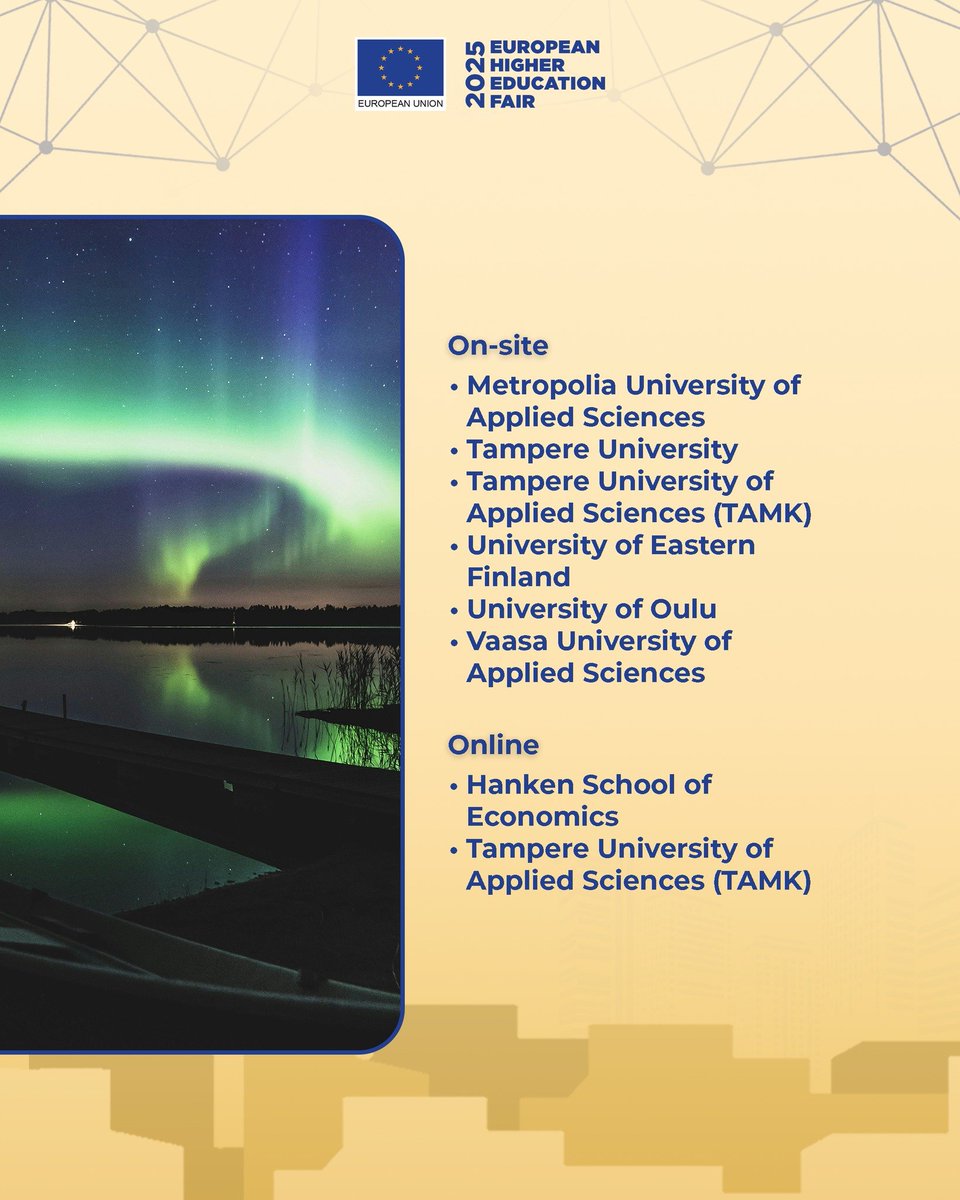 Experience Finland, a land of innovation, pristine nature, and world-renowned education, at #EHEF2025! 🇫🇮✨

Meet top Finnish universities and discover how Finland offers cutting-edge learning opportunities and an inspiring academic environment in the heart of the EU.