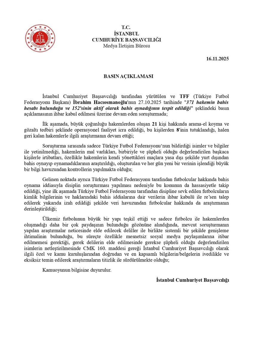 🔥SICAK 

Futbolda bahis skandalı genişleyerek büyüyor…

Değerli Başsavcımız Futbolu da temizlemeye kararlı…

Tüm gücümüzle yanındayız!