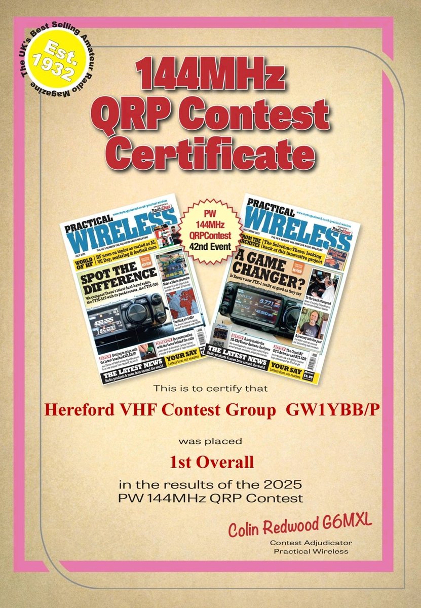 2025 certificates coming soon for the #PW #144MHz #QRP #Contest.
For those wondering why mine aren't under Hereford ARS, the very 1st one I did in 1990 Kevin G1VDF &amp; myself called ourselves Hereford VHF Contest Group and I like continuity.