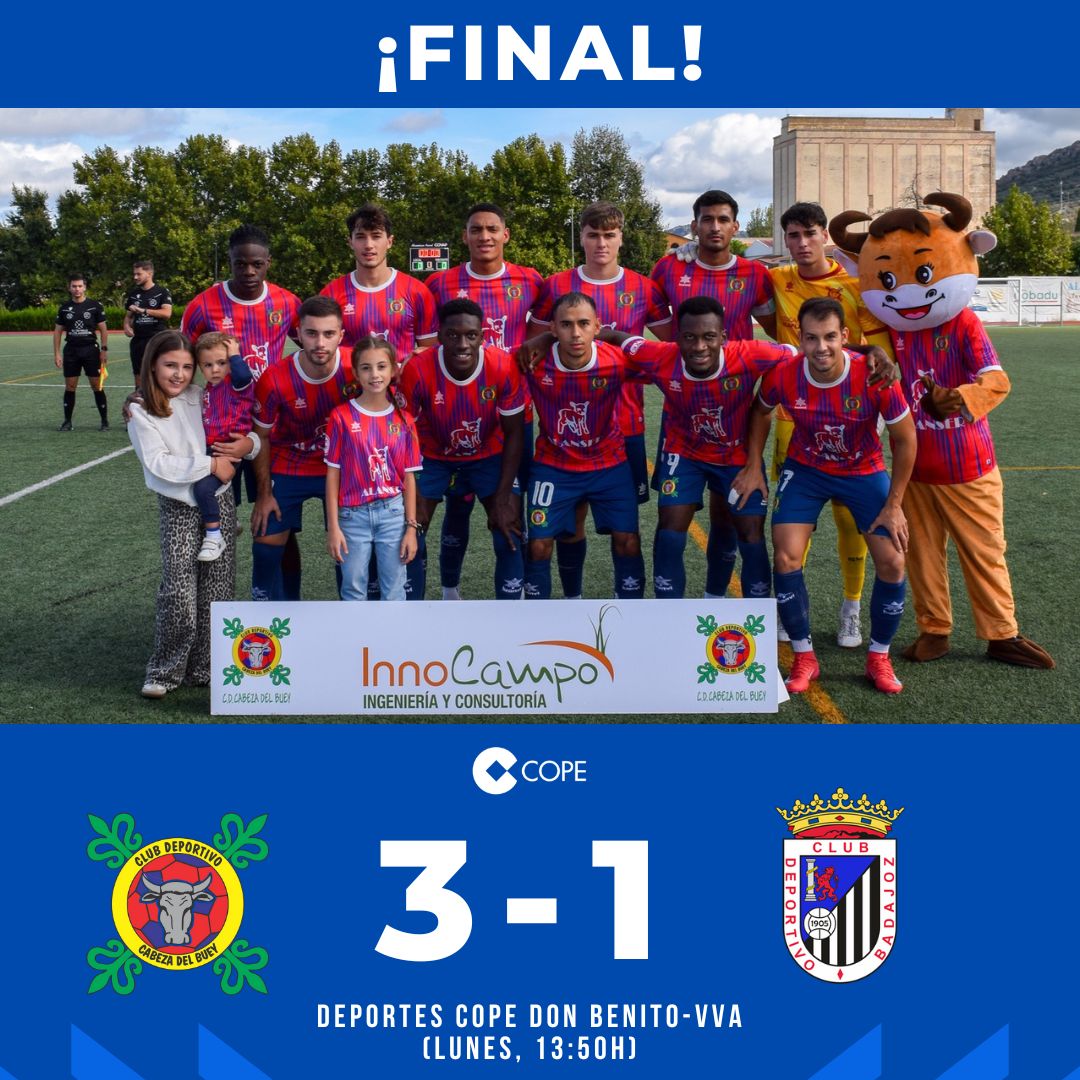 🏟️ Deportes COPE 🎧

El <a href="/CDDonBenito_/">CD Don Benito</a> vence 0-3 en Gévora 🔥 y sigue 2º a dos puntos del Jaraíz.

El <a href="/CDCabezaDelBuey/">C.D. Cabeza del Buey</a> gana 3-1 al Badajoz 💥 y cae Juan Marrero.

El <a href="/cfvillanovense/">C.F. Villanovense</a> empata ante el colista 😓 y suma 4 partidos sin ganar.

El <a href="/CDSantaAmalia/">C. D. Santa Amalia</a>  pierde 1-0 en Azuaga