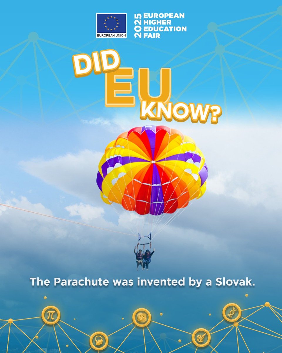 DID EU KNOW? 💡

In 1913, Štefan Banič from Slovakia invented the parachute and patented it in the United States in 1914. To prove its effectiveness, he bravely tested it himself first by jumping from a building, and later from an airplane. 

#EHEF2025