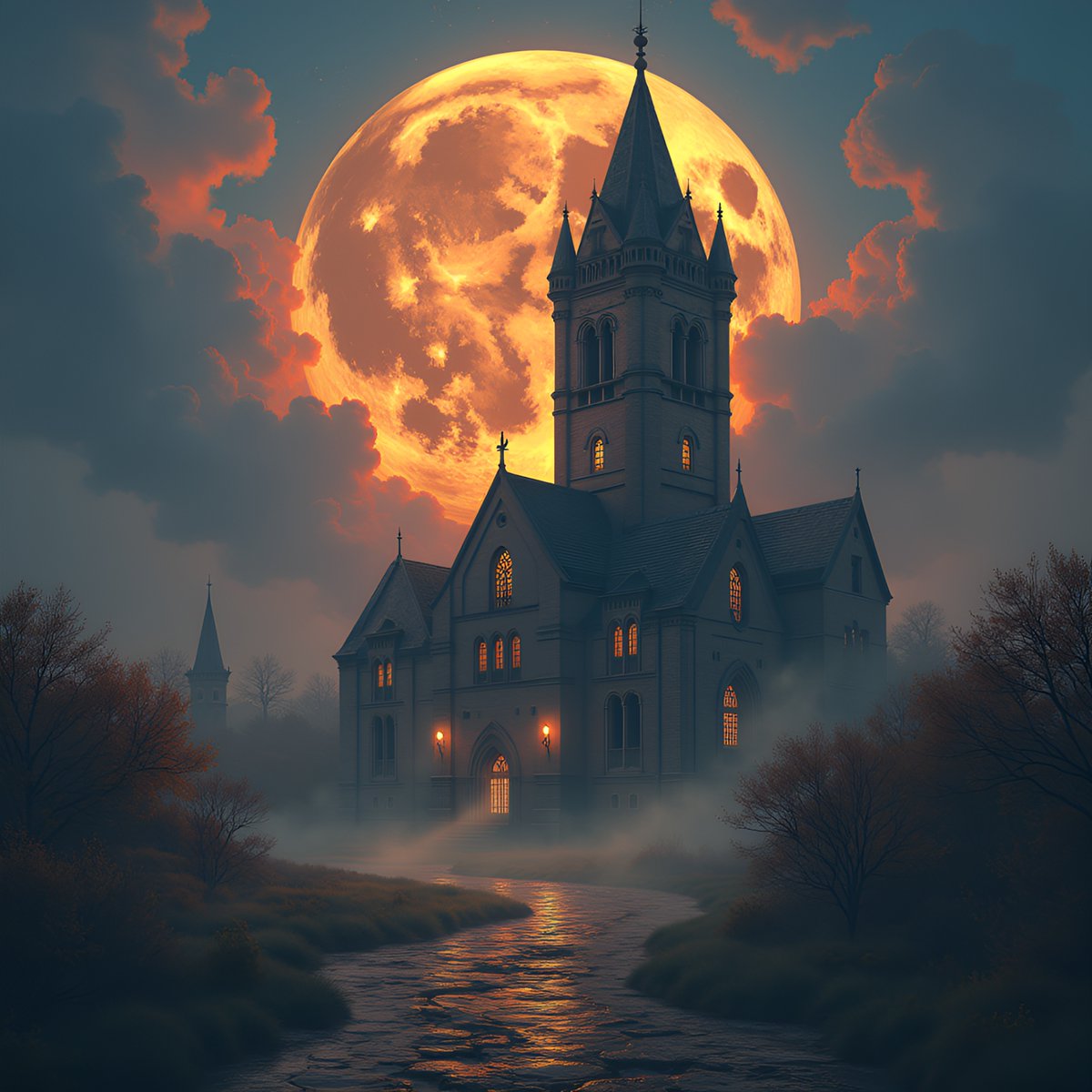 PromptSin's tweet image. Experience the magic of a spooky, full moon night! 🌕✨ 
Visit if you dare! 
#HauntedVibes #MoonlitNight