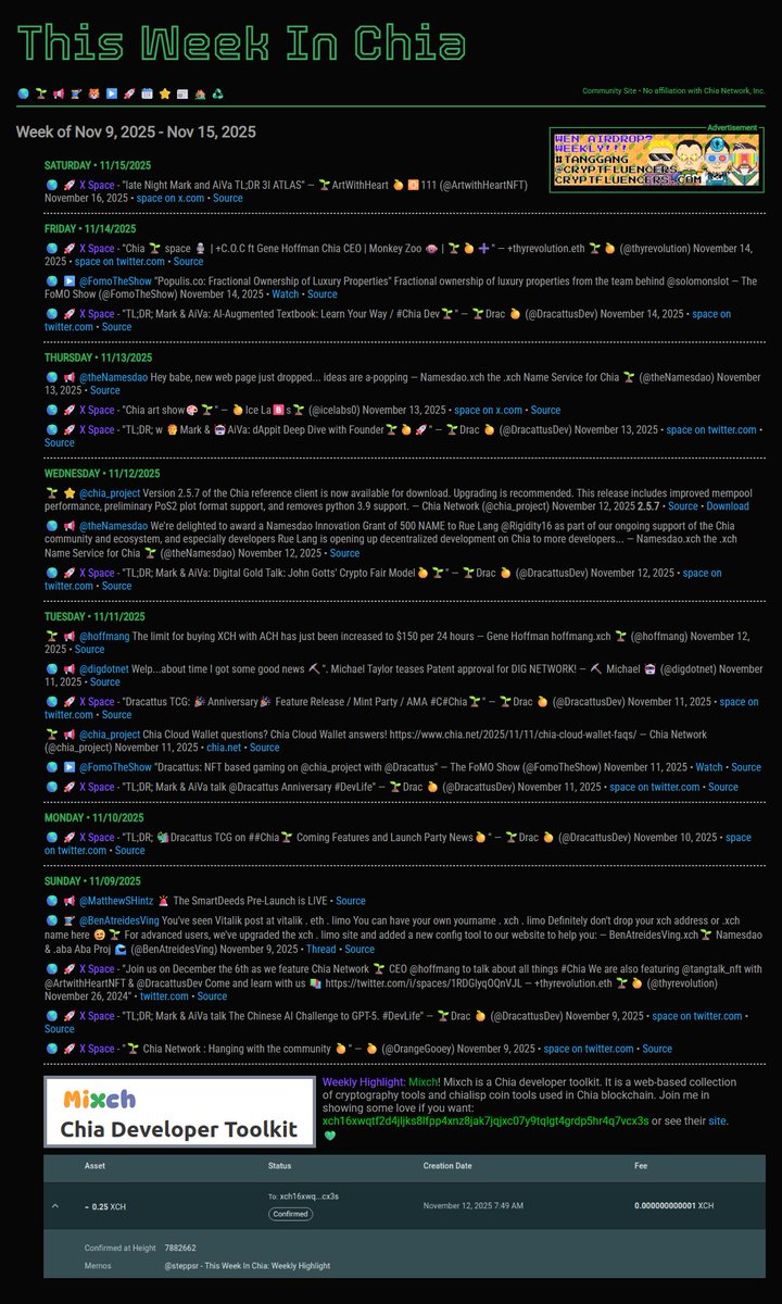 steppsr's tweet photo. 🎭 “HEAR YE, HEAR YE!” 🎭 By decree of the Royal Farmers’ Guild: All citizens of the blockchain must peruse This Week In Chia! Those who fail to read it shall be forever out of sync! ⚖️🌱 https://t.co/1DavXhJTwn #Chia #XCH

Last week's Weekly Donation was to @icerdesign's Mixch Chia Developer Toolkit!

Check out the Weekly Recap in the following Tweet Thread!