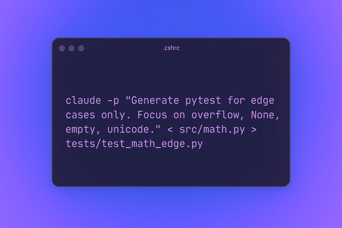 ShaneSmitas's tweet image. Claude Code test-first:

[ claude -p &quot;Generate pytest for edge cases only. Focus on overflow, None, empty, unicode.&quot; &amp;lt; src/math.py &amp;gt; tests/test_math_edge.py]

Now break it. Then fix it.