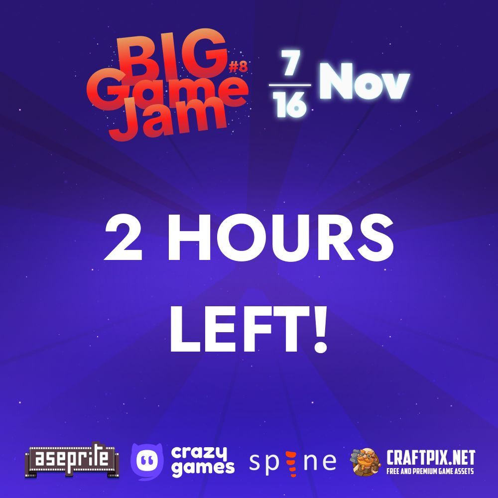 GDevelopApp's tweet image. 🚨 2 HOURS LEFT!
The Big Game Jam is wrapping up soon — already 224 entries and 2117 devs joined!
Don’t miss the deadline: submit your game now on itch.io! 🎮🔥