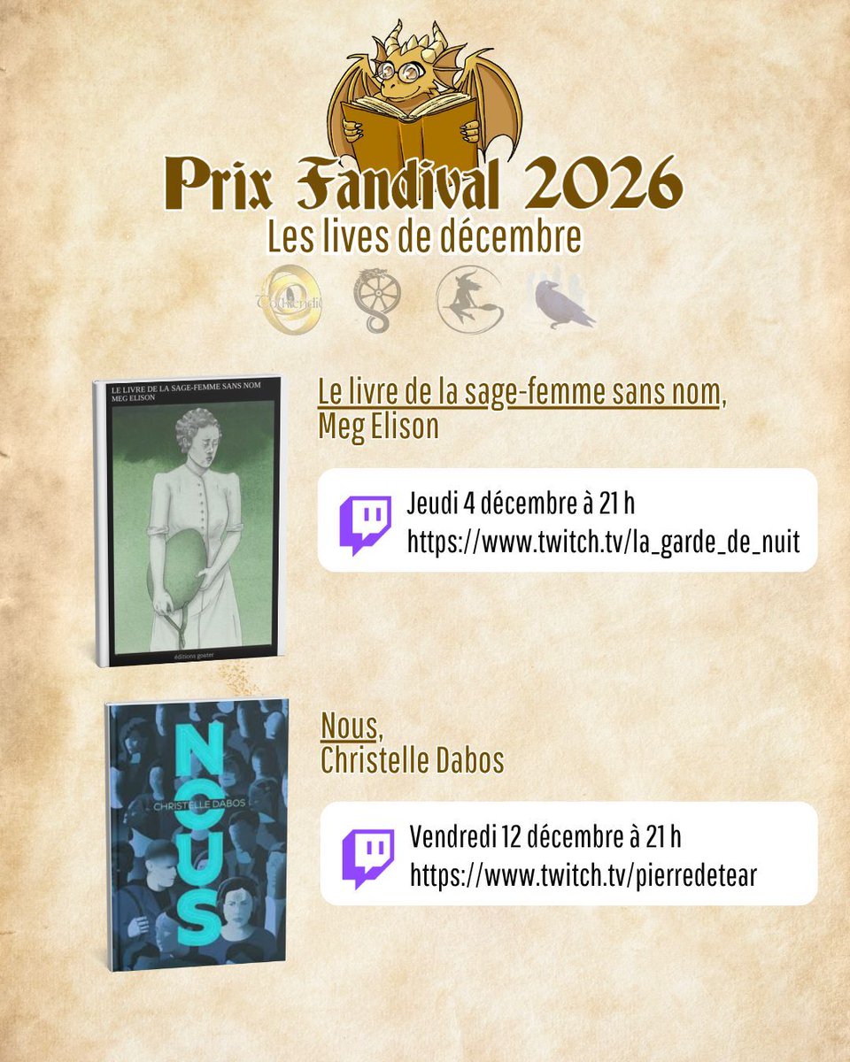 Les lives pour le prix Fandival continuent ! Rendez-vous dès ce lundi 17 novembre à 21h, sur la chaîne de <a href="/gardedenuit/">La Garde de Nuit</a> pour parler d'Aatea. Le lendemain, sur celle de  <a href="/PierreDeTear/">La Pierre de Tear - La Roue du Temps</a> pour Le livre qui refusait de brûler.
En décembre, rendez-vous les 4 et 12 !