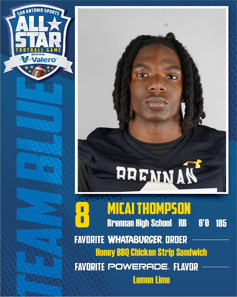 Congratulations to these players on being chosen for Team Blue for the San Antonio Sports All-Star Football Game presented by <a href="/ValeroEnergy/">Valero</a>! Tune in tonight on @news4sa Sports Sunday after the NFL game. 🏈

#SASAllStarGame <a href="/Kingmicai21/">Micai Thompson</a> <a href="/Tim_Cummings24/">Timothy Cummings</a> <a href="/cayden_glass5/">Cayden Sincere Glass</a>