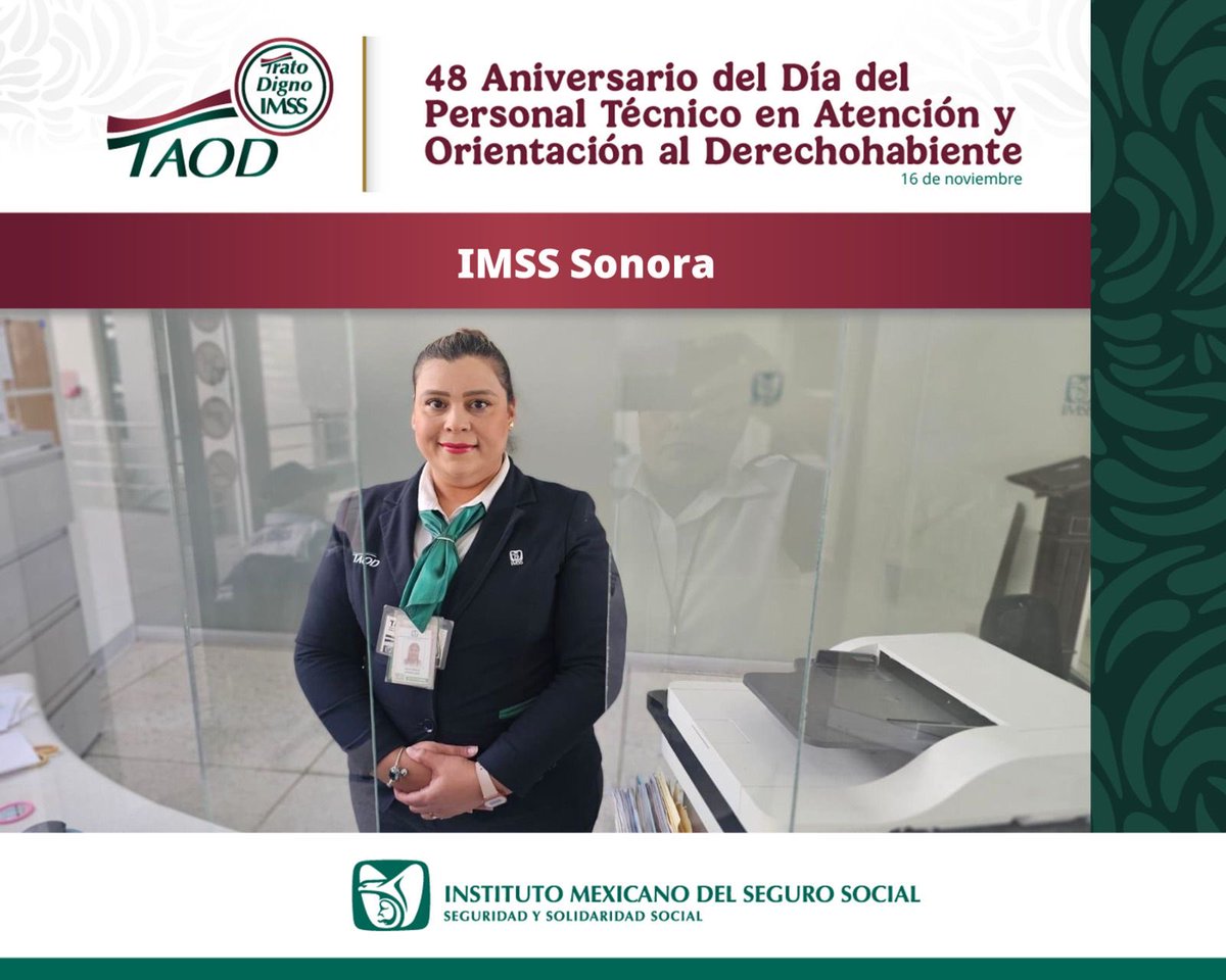 ✨ En el marco del 48° Aniversario del Día del Personal Técnico en Atención y Orientación al Derechohabiente, el  #IMSSSonora reconoce el compromiso y dedicación, de quienes brindan apoyo y acompañamiento a las y los derechohabientes. 

¡Feliz Día del Personal #TAOD!💚