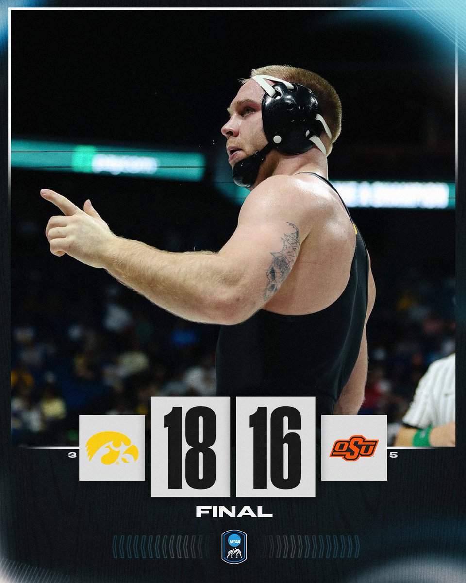 HAWKEYES NARROWLY ESCAPE 😤

No. 3 <a href="/Hawks_Wrestling/">Iowa Hawkeye Wrestling</a> defeats No. 5 Oklahoma State, 18-16, to advance to the finals of the National Duals. 

#NCAAWrestling
