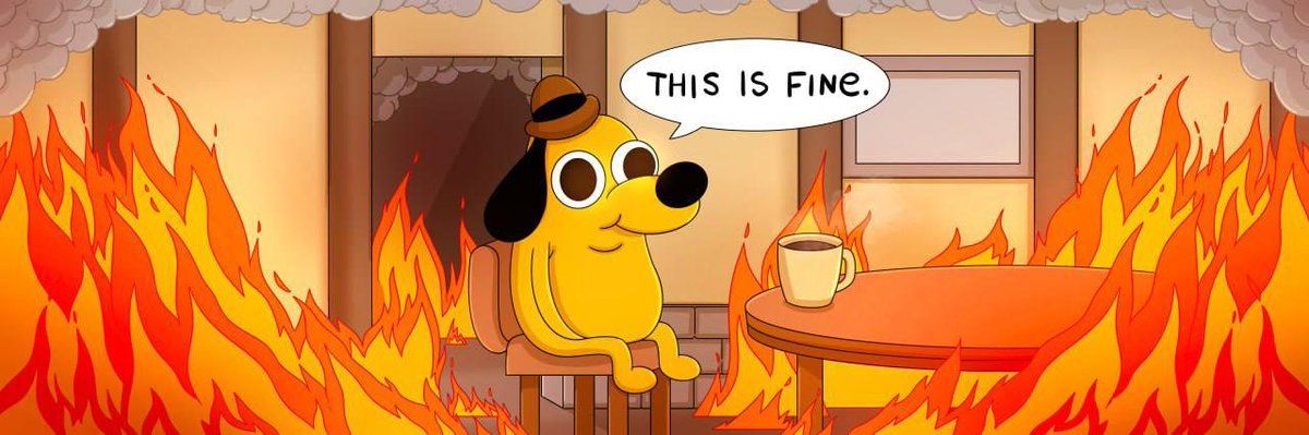 $FINE | LAUNCHING ON TUESDAY 🐕 "This Is Fine is a two-pane image of an anthropomorphic dog trying to assure himself that everything is fine, despite sitting in a room that is engulfed in flames.