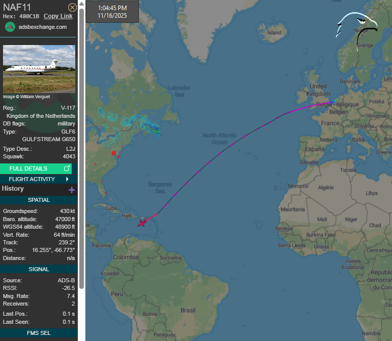 FlconEYES's tweet image. 🧐Royal Netherlands 
Air Force Gulfstream G650ER (GVI)

V-117 | 480C1B | Call: NAF11 | t.ly/wjby7

Llegan los mando militares de #Holanda. 

@Borrowed7Time @sipjack1776 @Mas_Arr3ch0
@LadyAstroJet
#AvGeek #ADSB #planespotting #16Nov