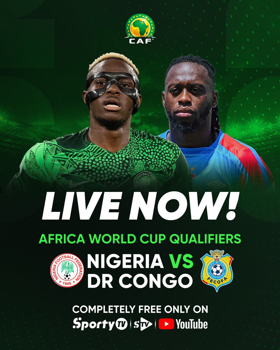 🚨 WE ARE LIVE! 📺🔥

🇳🇬 Nigeria 🆚 DR Congo 🇨🇩

Who will rep Africa at next year's FIFA World Cup Intercontinental Playoffs? It all comes down to this for the Super Eagles. Join our pre-match analysis now on TV, the SportyTV App &amp; YouTube. Kickoff by 8pm ⚽ (Only available in