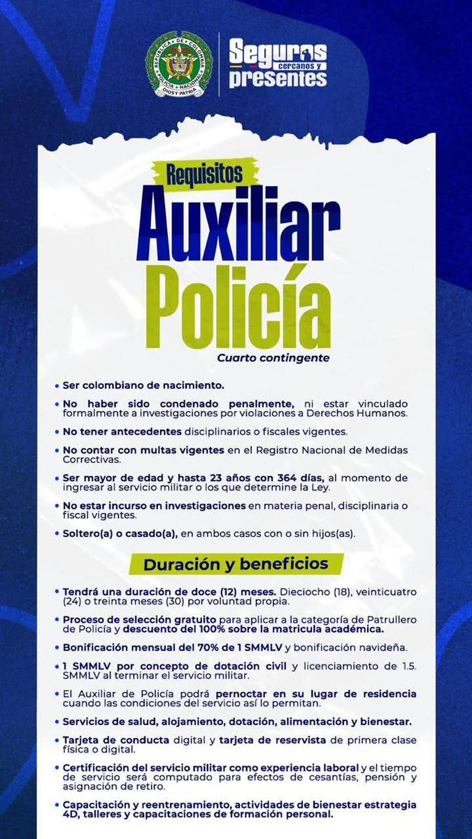 ¡𝐇𝐚𝐳 𝐝𝐞 𝐭𝐮 𝐯𝐨𝐜𝐚𝐜𝐢𝐨́𝐧 𝐮𝐧 𝐩𝐫𝐨𝐩𝐨́𝐬𝐢𝐭𝐨! 

Incorpórate como Auxiliar de Policía 👮🏻‍♀️💚 y accede a estabilidad laboral, bienestar, oportunidades de educación y bonificaciones económicas.

Más información en 👉 policia.gov.co
#IncorporaciónPolicía