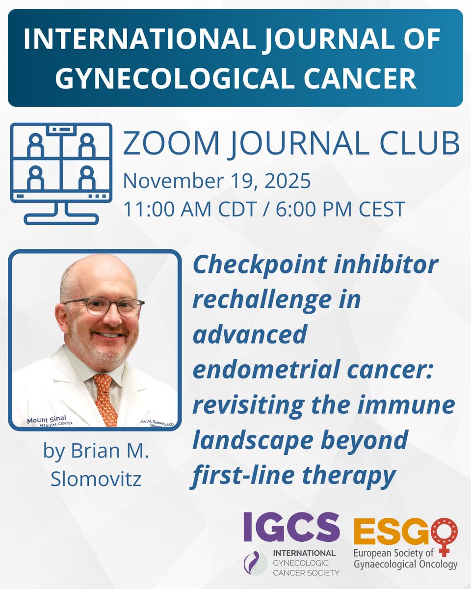 ESGO_society's tweet image. WEDNESDAY: Don’t miss the November @IJGConline Club with Brian M Slomovitz! 

Join here: esgo.org/zoom-journal-c…

#gynonc #IJGCclub #oncoalert